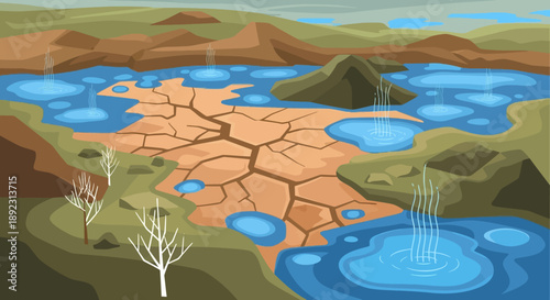 Drought landscape with dry cracked earth and water pools
