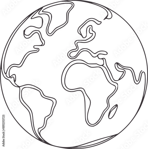 Simple black outline of planet earth showing continents globe
