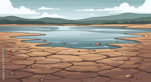 Parched landscape with dry cracked earth and shrinking lake