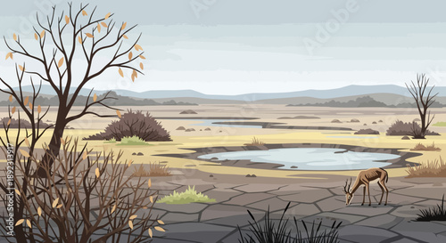 Dehydrated landscape with animal drinking from puddle