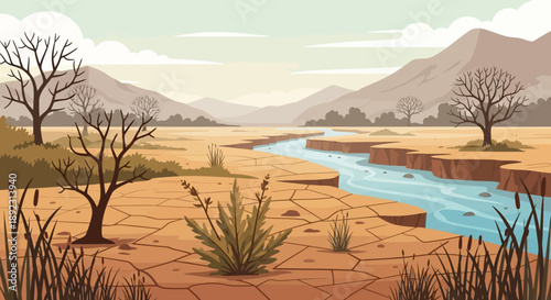 Desert landscape with dry cracked earth and stream