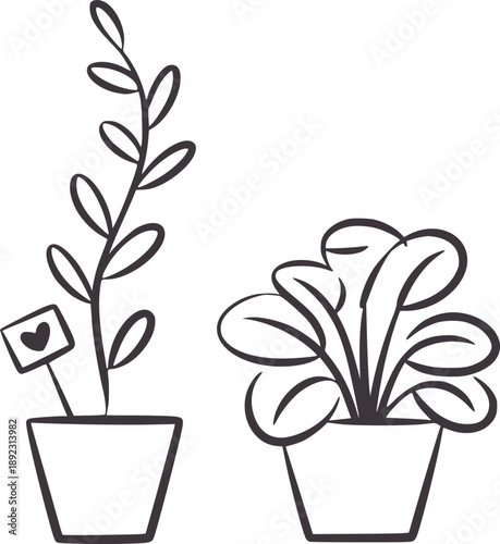 Two potted plants one with a heart tag sketched in minimalist style