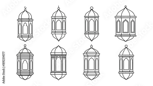 Lanterns Display: Eight detailed line art illustrations of traditional lanterns, their intricate designs and shapes hinting at festive occasions and cultural heritage. 