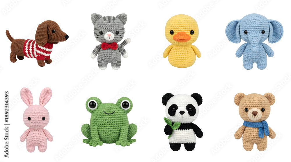 Obraz premium Amigurumi crochet animal set including dog, cat, duck, elephant, bunny, frog, panda, and bear isolated. Handmade plush toy collection for nursery and children.