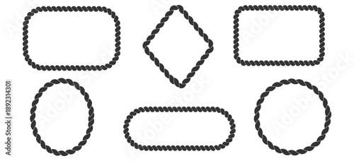 Rope frame set border, rope brush circle, oval and rectangle divider. Knit pattern, Frames and Borders in Various Shapes and Styles for Design Projects