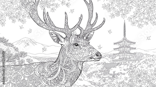 Intricate Line Art Illustration of a Majestic Deer Amidst a Serene Japanese Landscape