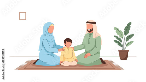 Family Moment in Tradition: A family, dressed in cultural attire, finds solace and connection within their home, as a mother and father lovingly embrace their child.