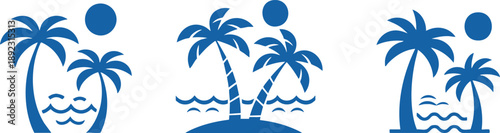 Island Life Illustrations, Blue Palm Tree Graphic Set, Summer Beach Vacation Logos, Tropical Paradise Icons, vector, illustration, silhouette.
