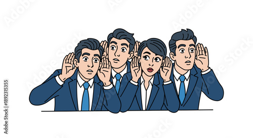 A group of curious business professionals in blue suits intently listens with cupped hands, eager to hear important information or gossip, isolated on a white background.