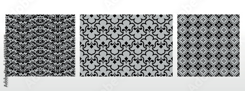 Geometric floral set of seamless patterns. Gray and black vector backgrounds. Damask graphic ornaments