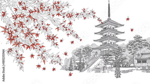 Serene Japanese Pagoda and Temple with Red Maple Leaves in Detailed Line Art