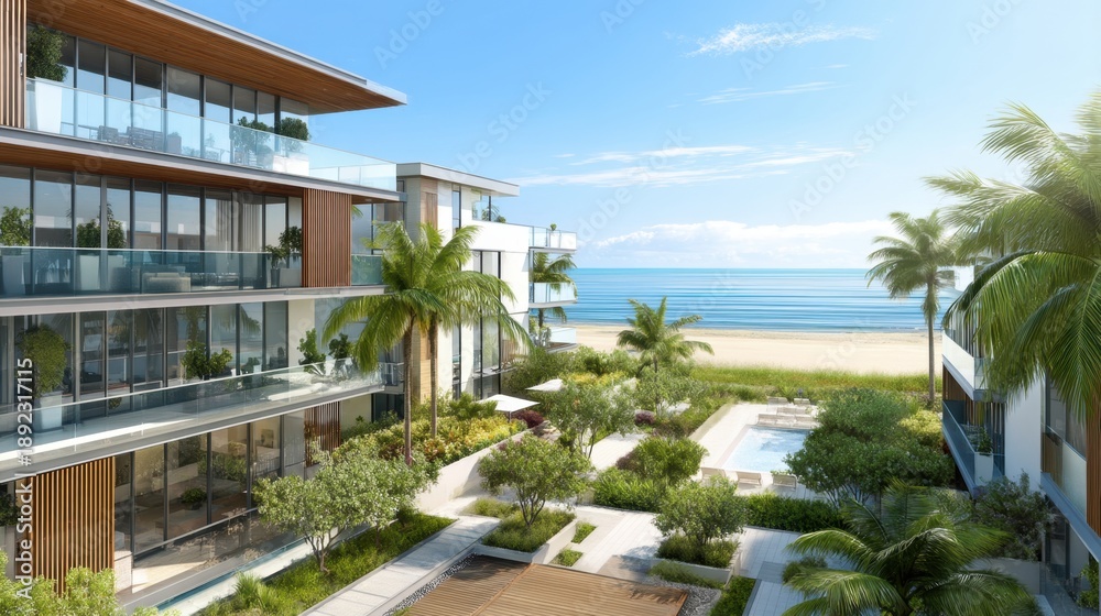 Fototapeta premium Modern condominium building with pool and landscaping near a beach and ocean. Luxury resort architecture and lifestyle for travel and vacation.