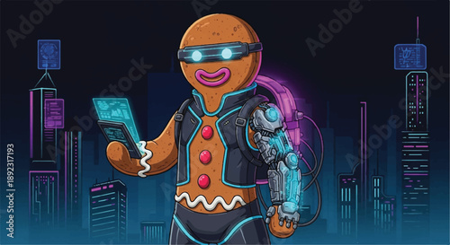 Futuristic Cyberpunk Gingerbread Man Robot with Neon Lights and High-Tech Armor Suit