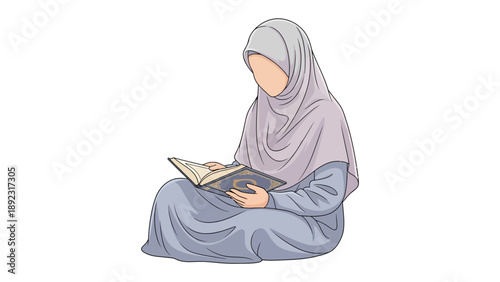 Quiet Contemplation: A woman, head covered with a hijab, engages in quiet contemplation as she reads, embodying a moment of serene focus.