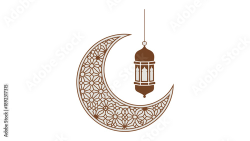 Celestial Lantern: A beautiful intricate crescent moon with a lantern suspended from above, capturing the essence of cultural significance.