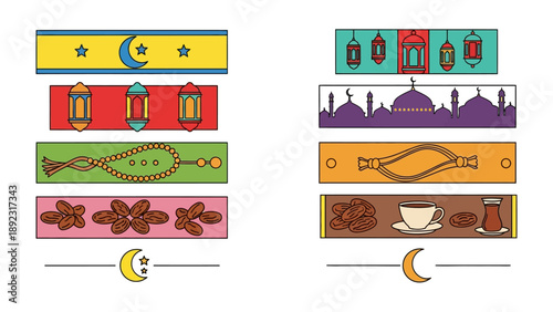 Ramadan themed decoration set: Capturing the spirit of Ramadan through a vibrant array of illustrations featuring traditional lanterns, crescent moon and star, dates and coffee, and more.