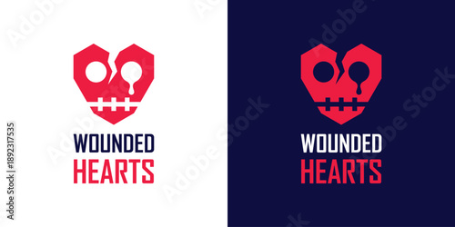 Geometric wounded heart logo with zombie face and horror skull concept