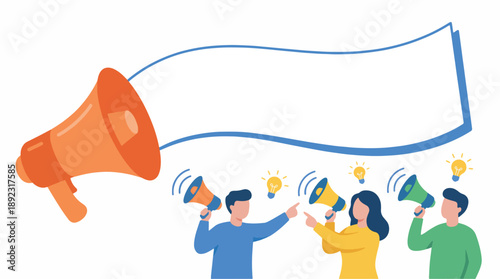 Crowd communication and ideas, a diverse group of people using megaphones to share messages and brainstorm innovative concepts with lightbulbs symbolizing inspiration and creativity