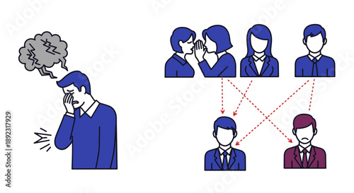This illustration visualizes the detrimental effects of workplace gossip and rumor spreading, leading to an individual's emotional distress and social isolation.