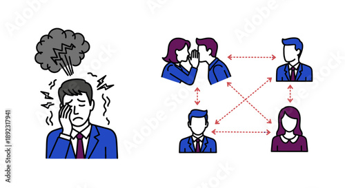 Depicting a stressed man experiencing mental anguish alongside complex social dynamics, including whispering gossip and challenging communication networks.