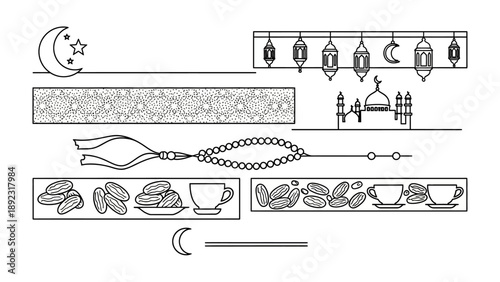 Ramadan Decorative Elements: An assortment of line art illustrations, incorporating a crescent moon, traditional lanterns, and mosque silhouettes.