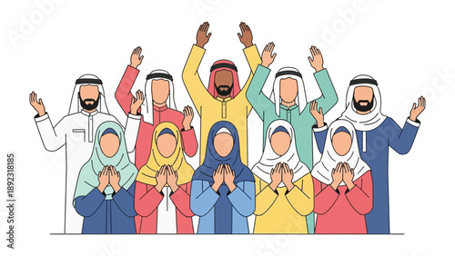 Community's Prayer: Muslim people praying, their arms raised in prayer or supplication, showing their solemn devotion and shared faith.