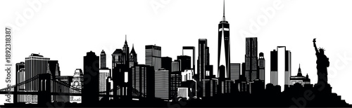 New York City skyline silhouette with skyscrapers bridge and Statue of Liberty isolated black vector illustration for travel branding