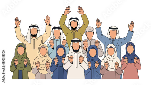 United in Prayer: A diverse group of individuals, clad in traditional attire, raise their hands in supplication and faith, reflecting unity and devotion.