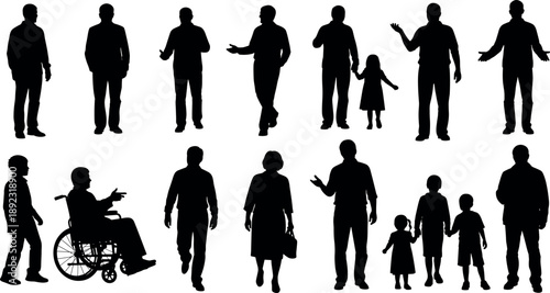 People Silhouette Collection Showing Men Women Children and Wheelchair User Social Diversity Human Figures Flat Vector Illustration Set