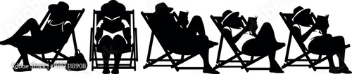 People relaxing on beach chairs silhouette collection showing leisure vacation reading and sunbathing poses isolated black vector illustration