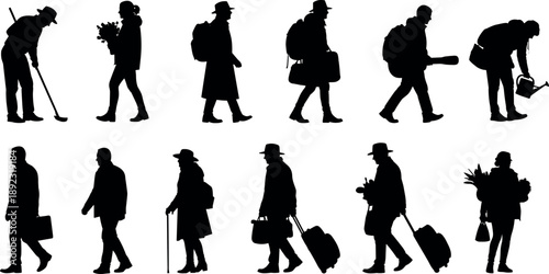 People walking silhouettes set showing travelers, workers, gardeners, elderly, and daily life activities carrying bags isolated vector collection