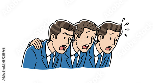 Three anxious businessmen in blue suits react with wide-eyed shock and open mouths to an unexpected, alarming situation, expressing collective fear and distress.