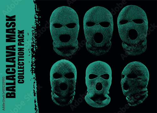 Vector illustration of a collection of six teal knitted balaclava masks on black.