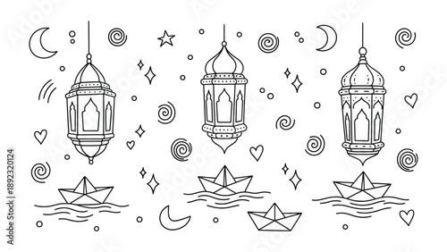 Intricate Lanterns and Paper Boats:  A delicate illustration featuring ornate lanterns, crescent moons, stars, swirls, and charming paper boats, all meticulously rendered in black and white.