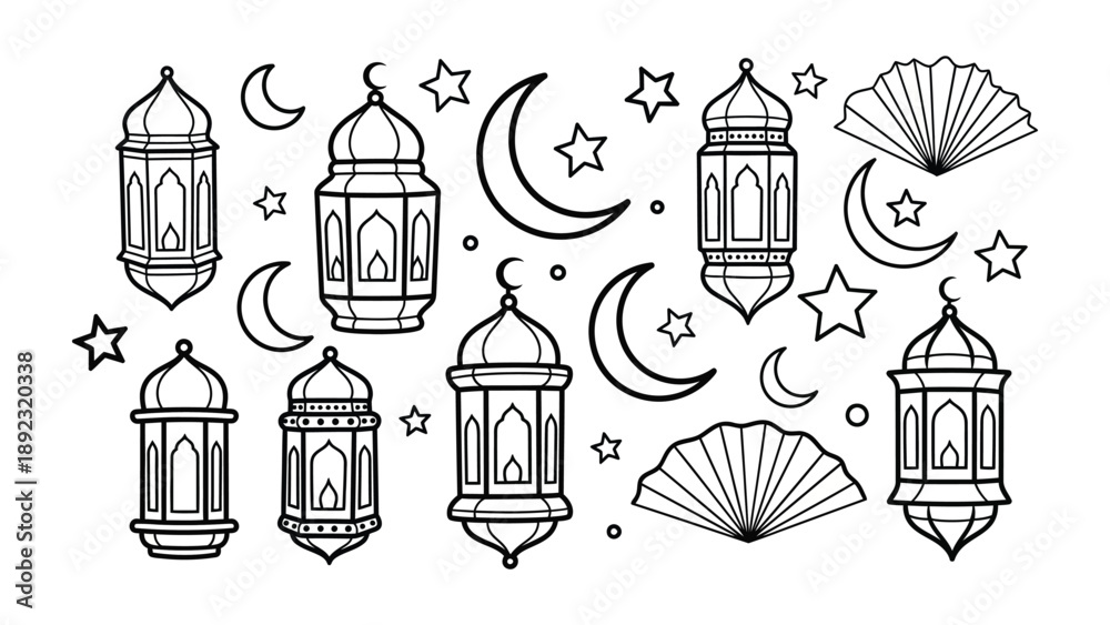 Fototapeta premium Lanterns and lunar embrace: A stylized, monochrome illustration showcases an array of traditional lanterns alongside crescent moons and stars.