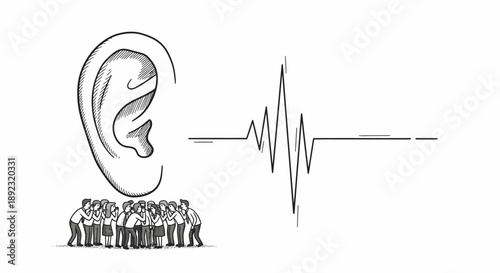 A conceptual sketch illustrates a large ear listening intently to the collective voice of a small crowd, with a sound wave symbolizing public opinion and communication.