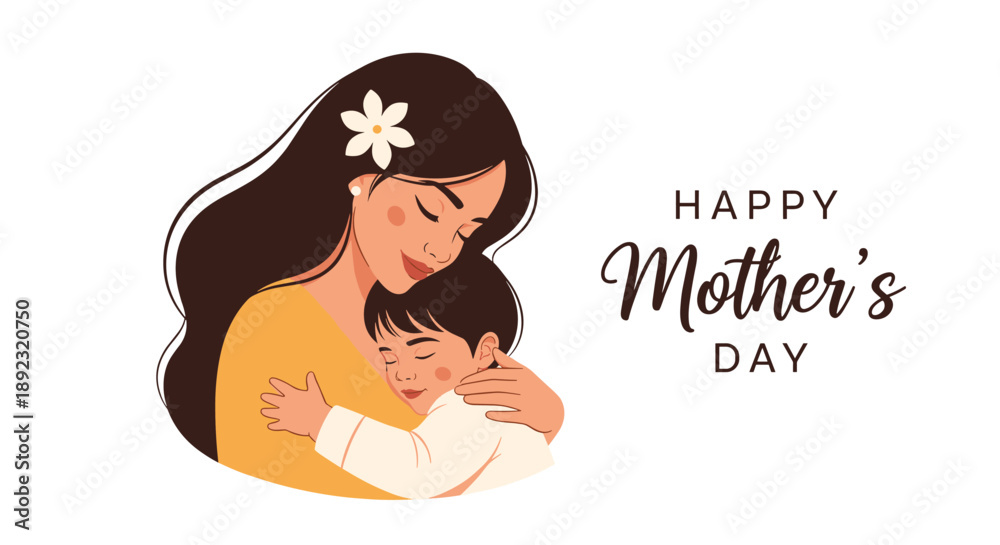 Obraz premium Warm illustration of a mother embracing her young child with happy mother's day text for holiday celebration.