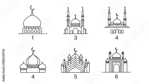 Islamic Mosque Icon Set: A collection of meticulously designed line art icons depicting various mosque architectural styles. Embodying the serenity of faith and the beauty of Islamic architecture.