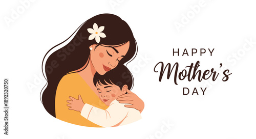 Warm illustration of a mother embracing her young child with happy mother's day text for holiday celebration.