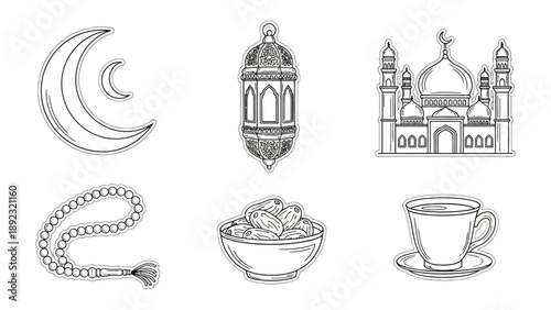Islamic Symbols Illustration: An artistic illustration features a collection of traditional Islamic symbols, including crescent moons, lanterns, a mosque, prayer beads, dates, and a cup of tea.