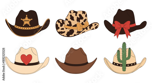 Diverse collection of six illustrated cowboy hats with different styles including leopard print and sheriff star.