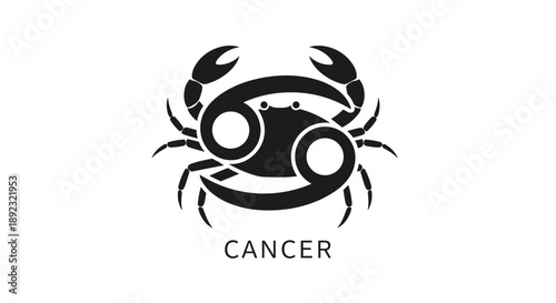 Bold black silhouette of a crab integrated with the Cancer zodiac symbol, presenting a clean and modern take on astrological iconography.