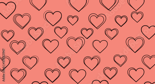 Romantic pattern of hand drawn black heart outlines of various sizes distributed over a warm coral pink background for a sweet texture.