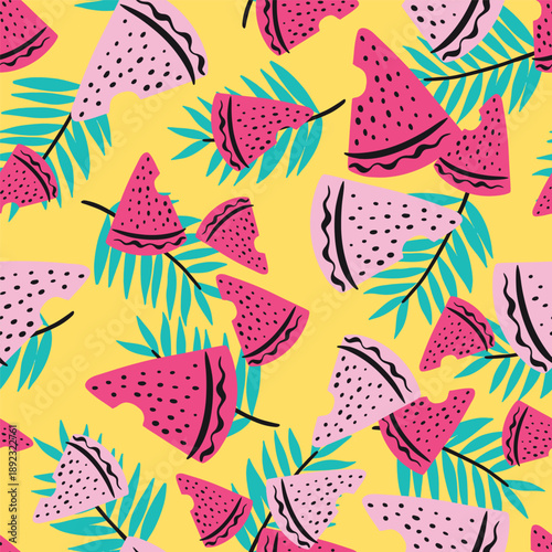 Fun Watermelon Sliced and Palm Leaves Vector Seamless Pattern