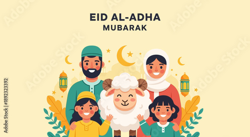 Cartoon Style Happy Muslim Family Celebrating Eid Al-Adha Mubarak Illustration