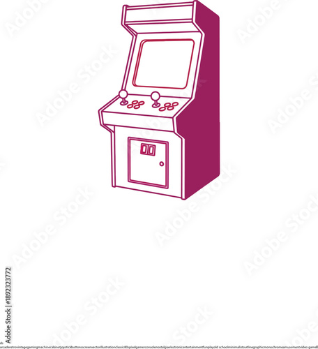 Retro arcade game machine classic upright cabinet design with blank screen, dual joysticks, and control buttons and coin slot. 
