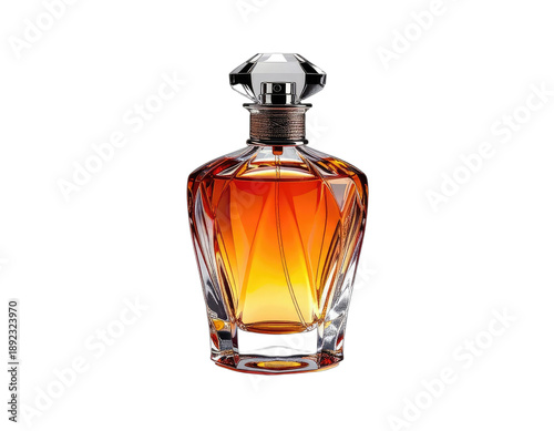 A faceted, crystal glass perfume bottle filled with amber liquid, topped with a silver cap
