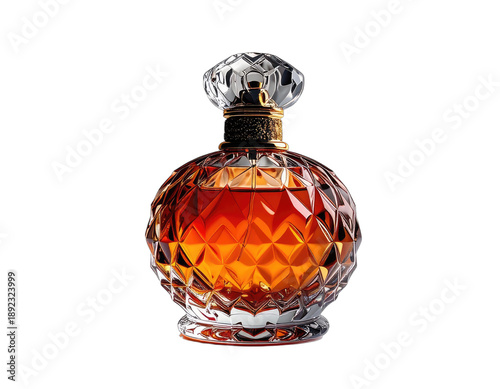 A close-up studio shot of a perfume bottle with a crystal stopper and a golden collar