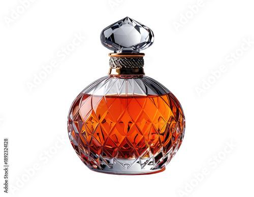 Ornate crystal bottle with a faceted body and a diamond-like stopper, filled with amber liquid