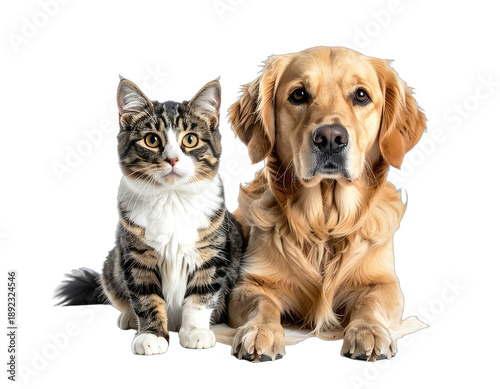 Cat and Golden Retriever, close-up, gazing forward with expressive eyes, isolated on transparency